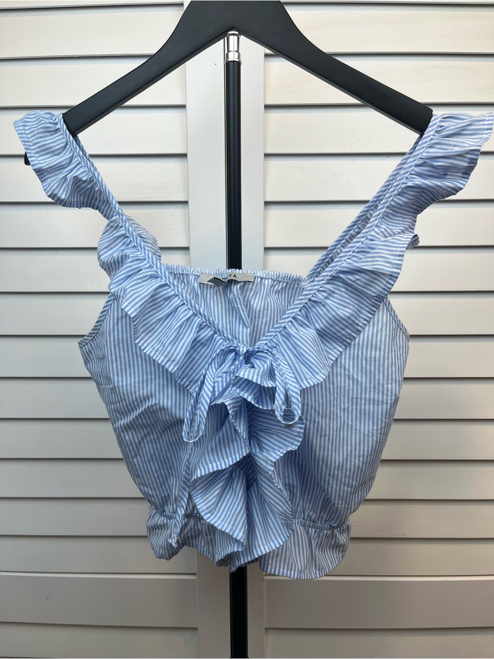 Papaya Light Blue & White Striped Ruffle Tie-Front Camisole
